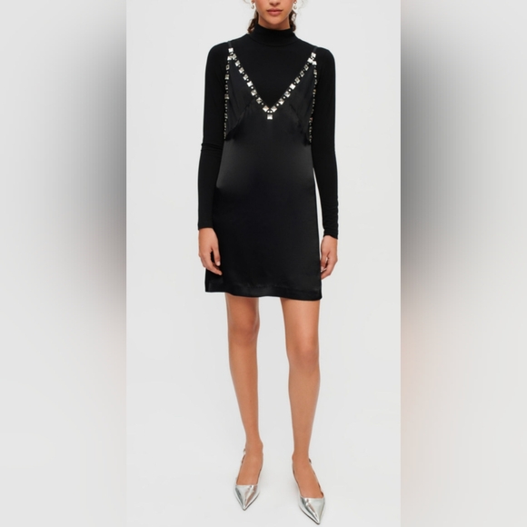 Maje Dresses & Skirts - NWT MAJE Black satin dress with jeweled straps 40 Large